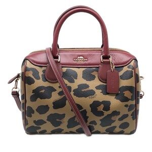 COACH MINI BENNETT SATCHEL WITH LEOPARD PRINT 
NATURAL/LIGHT GOLD & BURGUNDY
